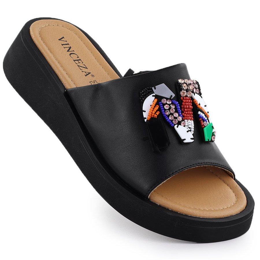 Skórzane klapki damskie z koralikami czarne Vinceza 66623