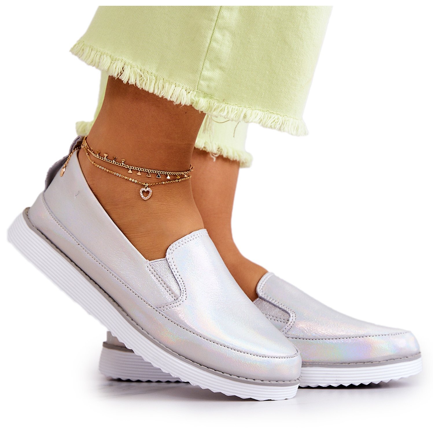 Damskie Skórzane Tenisówki Slip-On S.Barski Holograficzne Srebrne srebrny