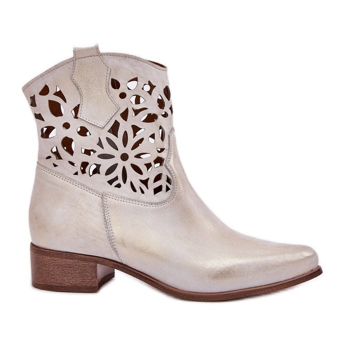 Zazoo 3404 Ażurowe Botki Kowbojki Na Niskim Obcasie Skórzane Złoty Przecierany