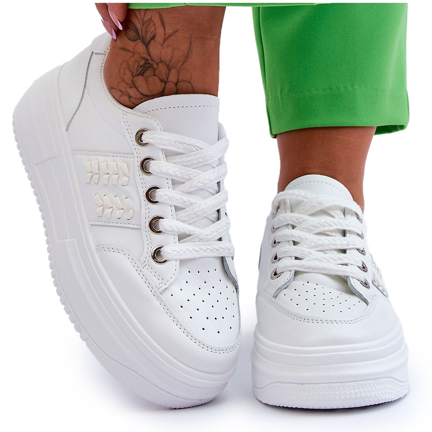 FG2 Modne Damskie Sneakersy Na Platformie Białe Claribel