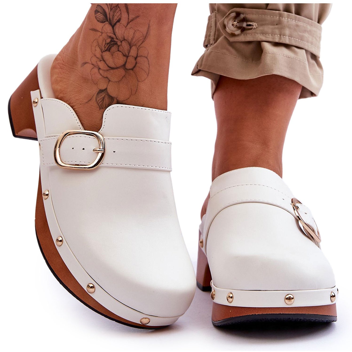 FI1 Damskie Skórzane Klapki Chodaki Białe Fanett