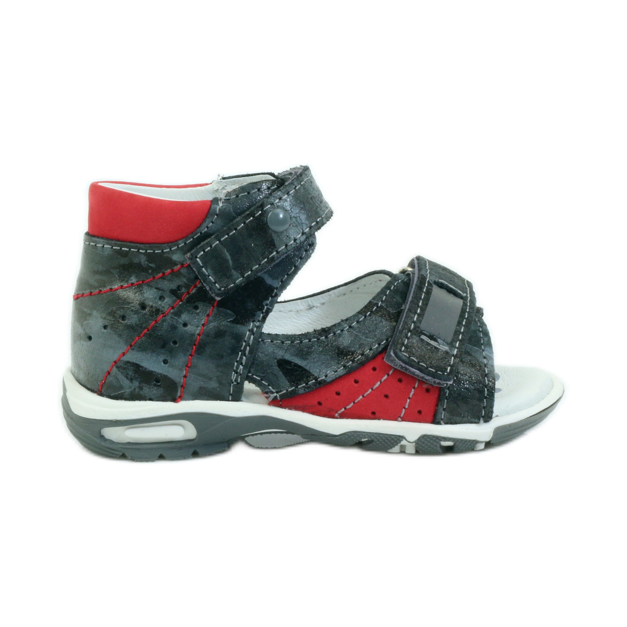 Ren But Skórzane sandałki chłopięce na rzepy z odblaskiem 1407 szare