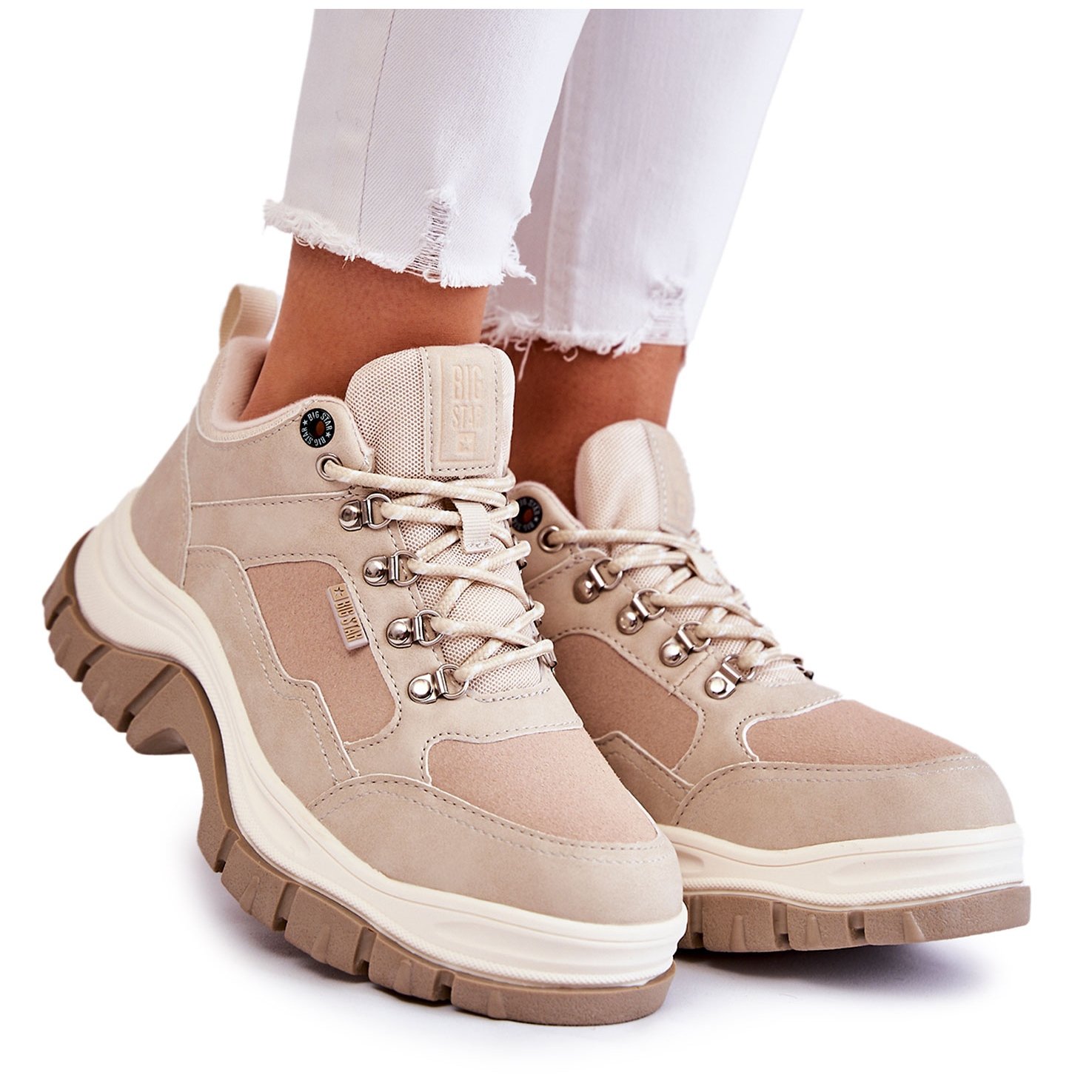 BIG STAR SHOES Damskie Buty Trekkingowe Trapery Memory Foam Big Star KK274363 Beżowe beżowy