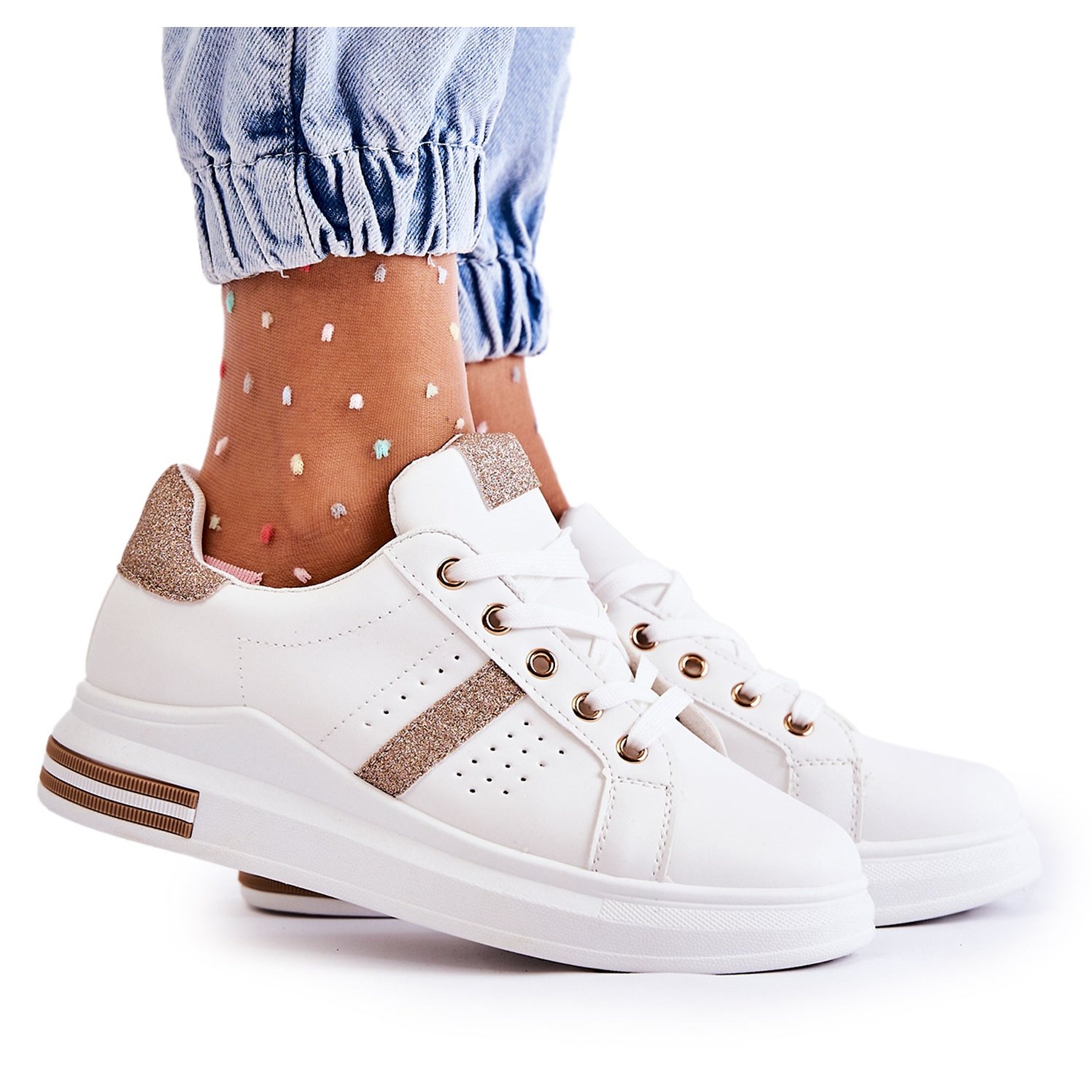 FK2 Damskie Buty Sportowe Wiązane Białe Otylia złoty