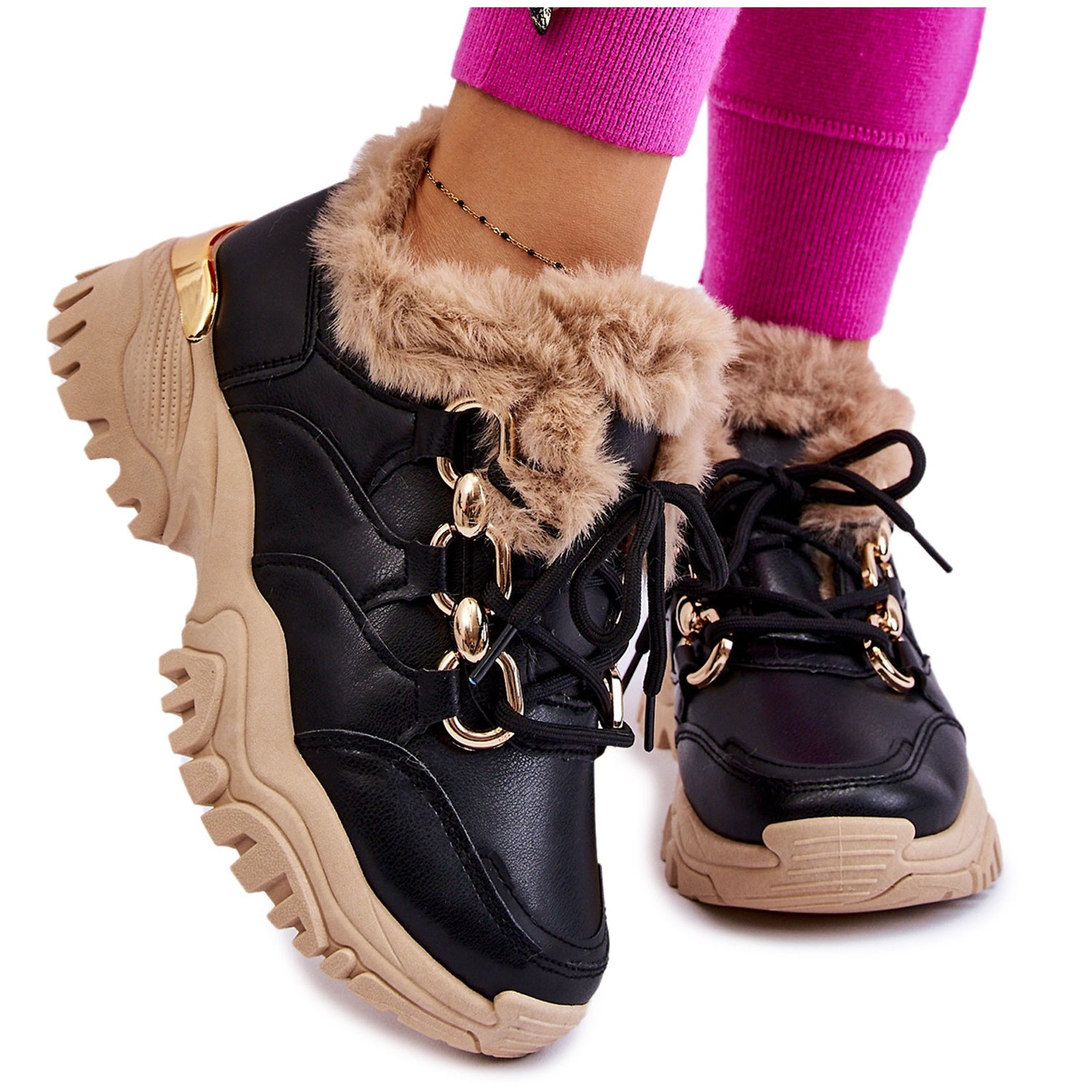 PM1 Damskie Ocieplane Buty Sportowe Sznurowane Czarno Beżowe Kerberos beżowy czarne