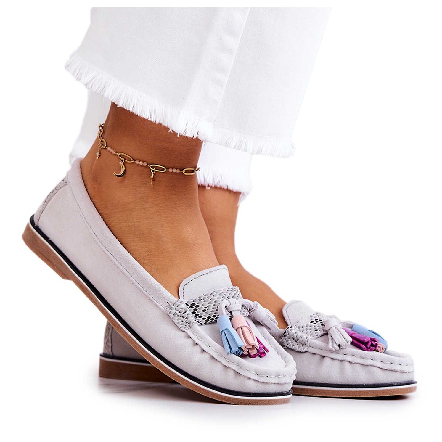 Zamszowe Mokasyny Damskie Z Frędzlami Szare Laressa