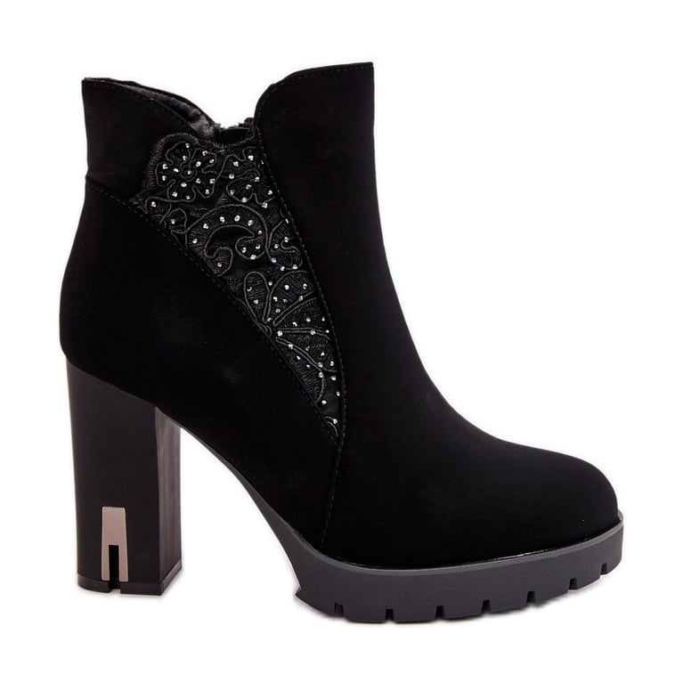 PS1 Ocieplane Botki Damskie Na Wysokim Słupku Z Haftem Czarne Verissae