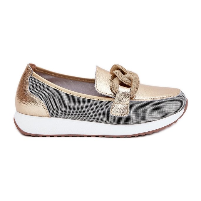 S.Barski Skórzane Mokasyny Damskie Z Ozdobą LR51-966 Złote złoty
