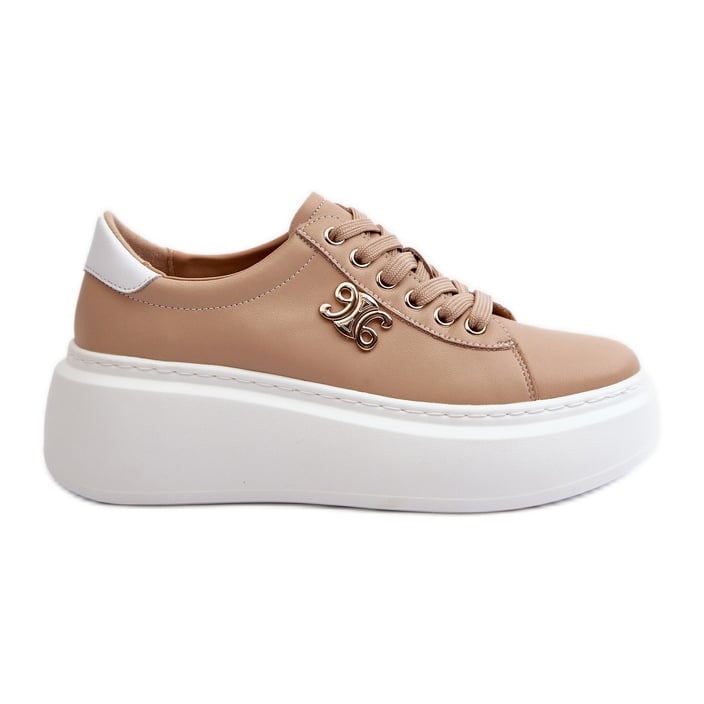 Skórzane Sneakersy Damskie Na Platformie Brązowe Pernalia