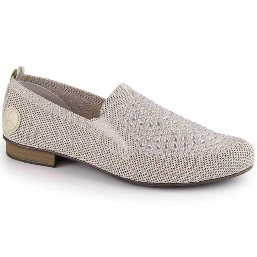 Komfortowe półbuty damskie na niskim obcasie wsuwane Rieker 51989-64 beżowy