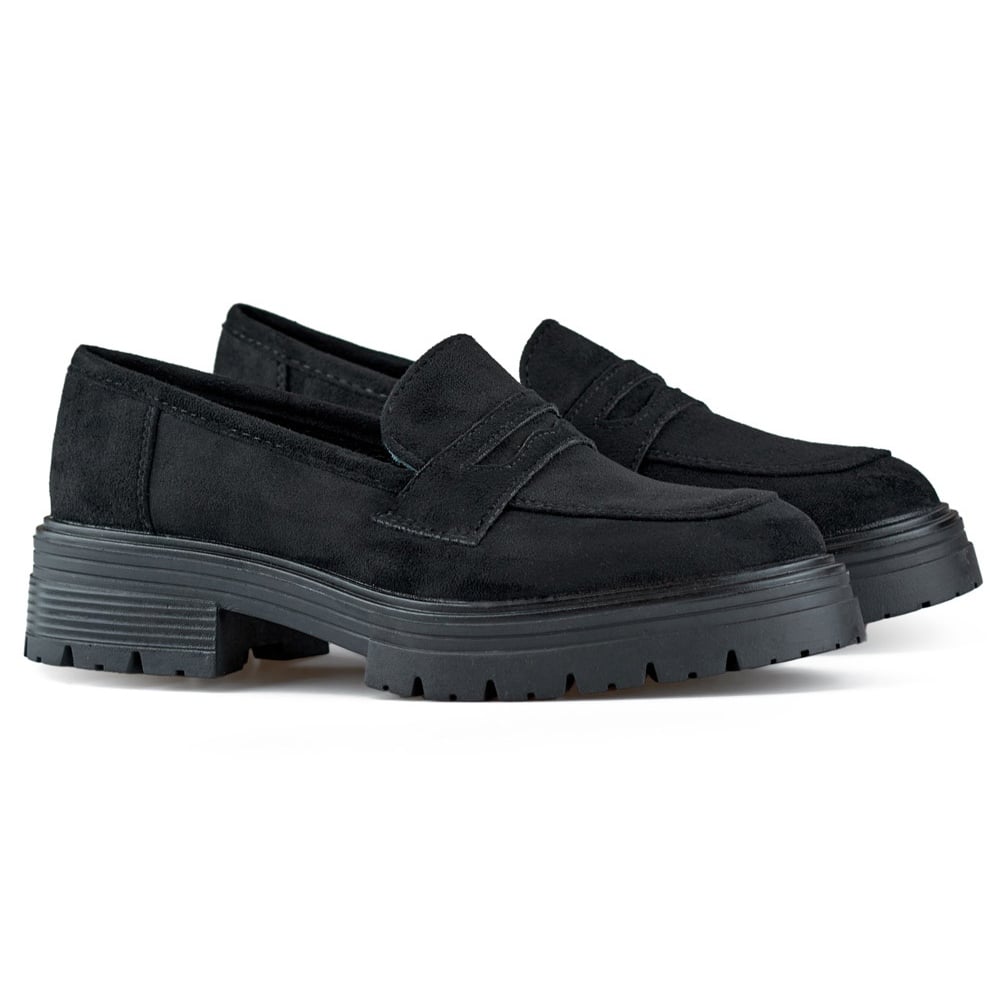 Zamszowe czarne półbuty damskie loafersy czarne