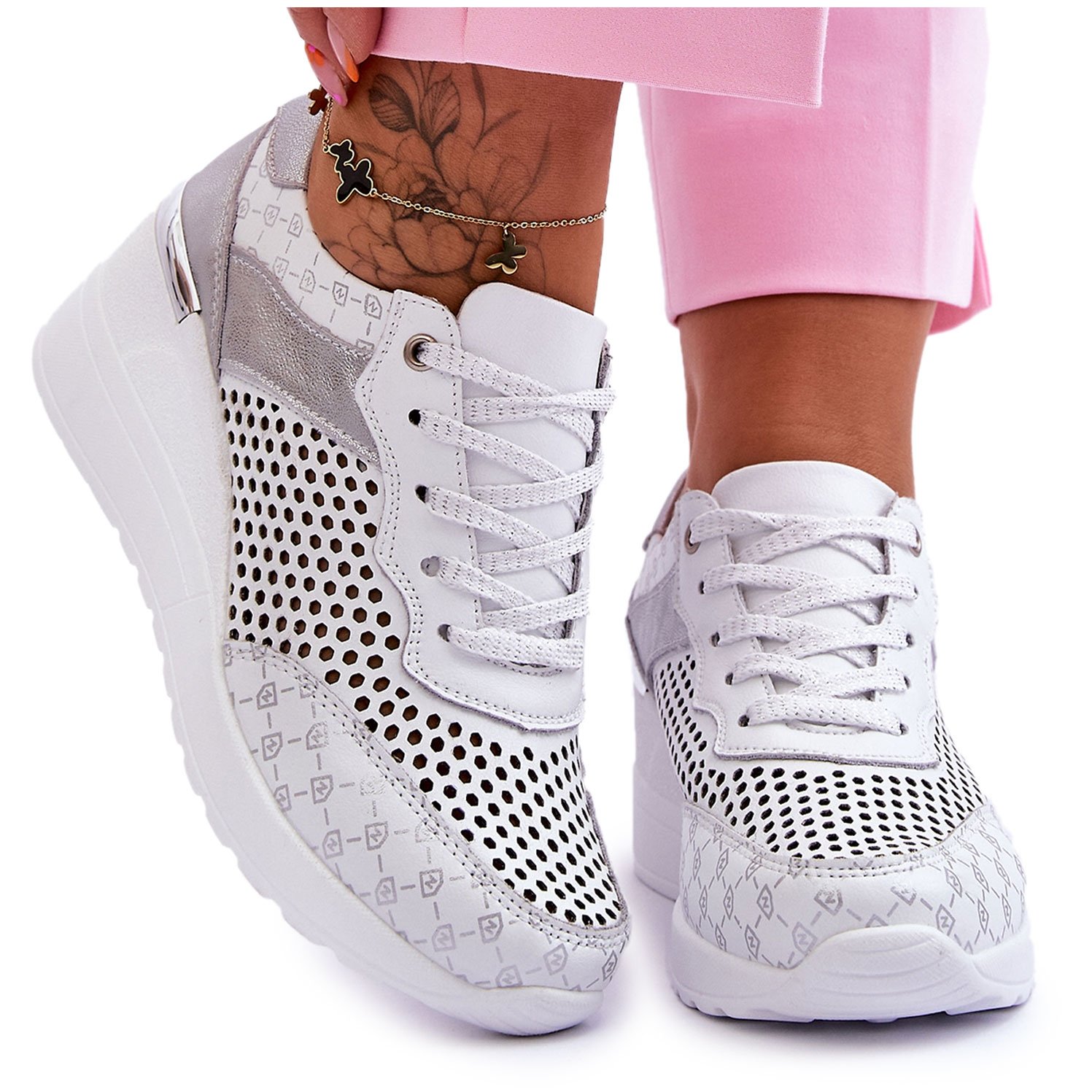 S.Barski Damskie Skórzane Ażurowe Buty Sportowe Białe Virginia