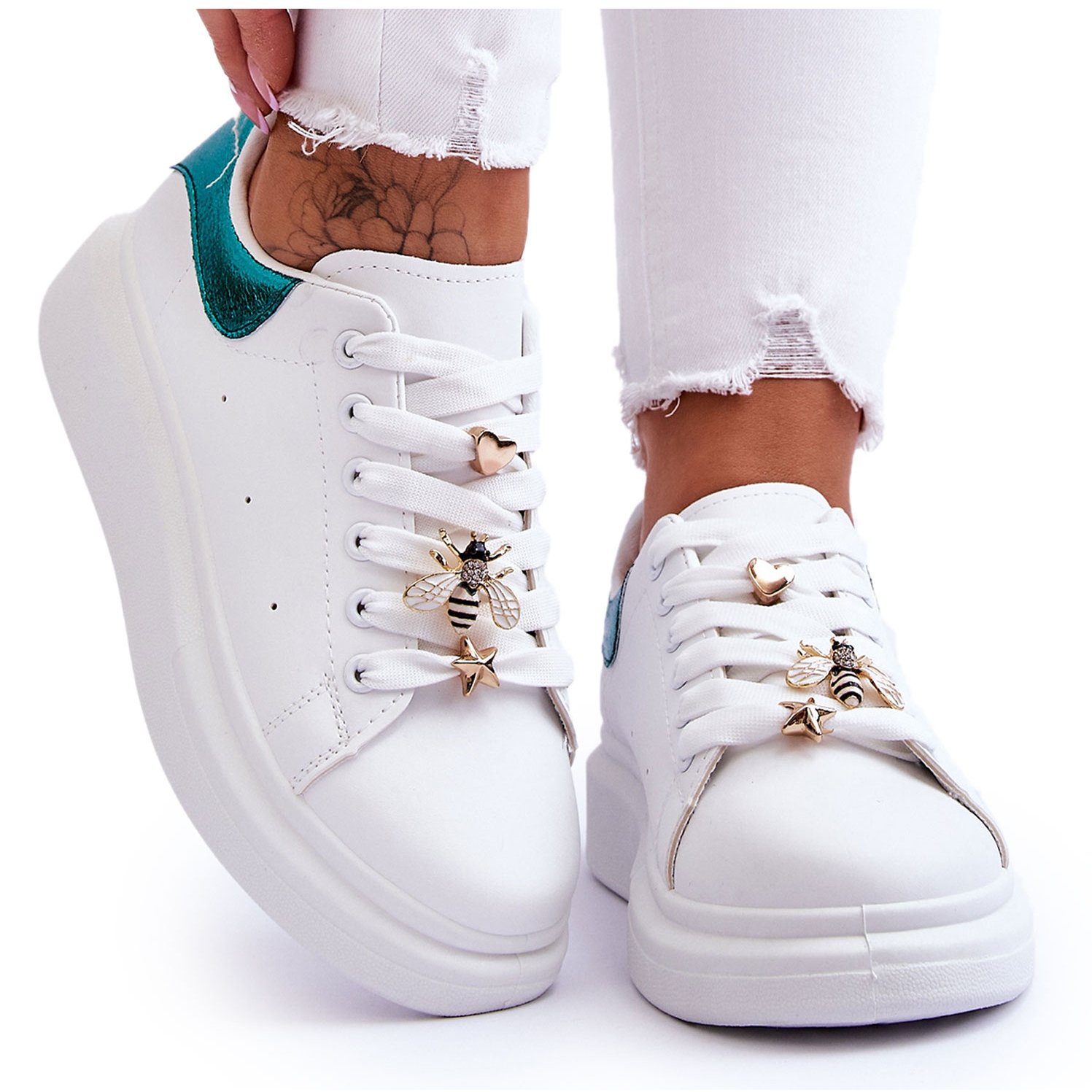 FG2 Damskie Buty Sportowe Na Masywnej Platformie Biało-Zielone Chante białe