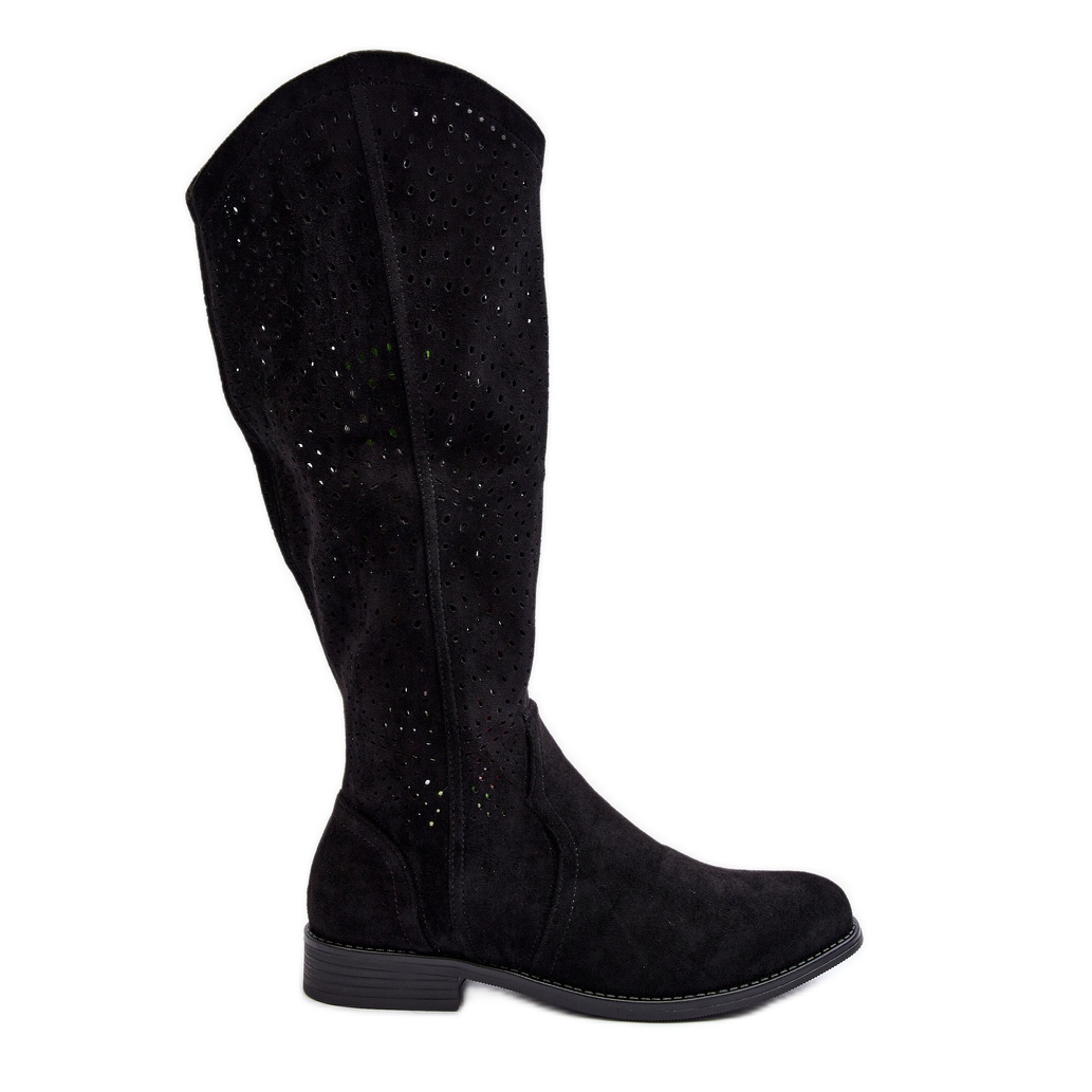 S.barski HY66-150 Ażurowe Kozaki Na Płaskim Obcasie Czarne