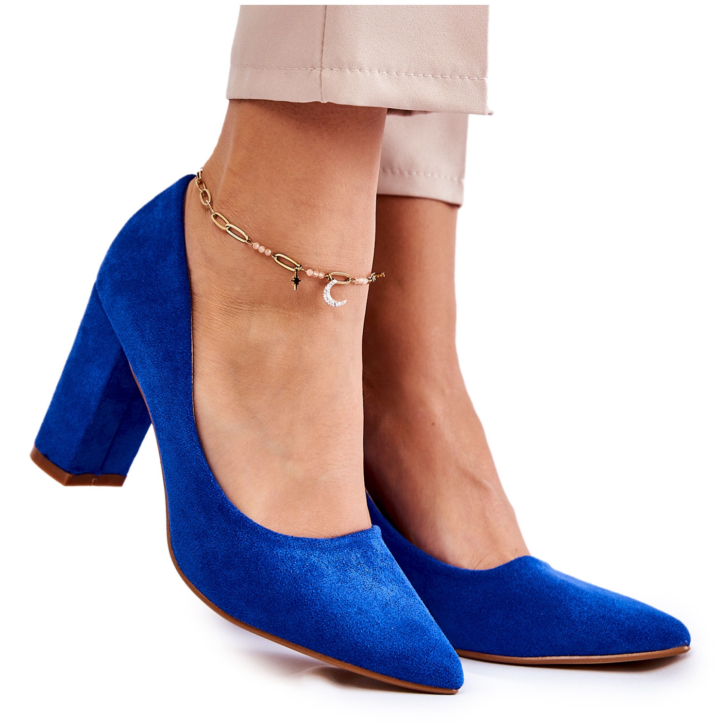 PS1 Klasyczne Zamszowe Czółenka Na Słupku Niebieskie Kendra