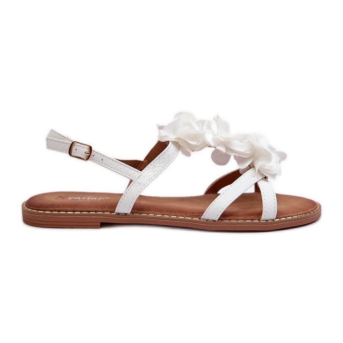 Sandały Damskie Płaskie Ozdobione Kwiatkami Białe Abidina