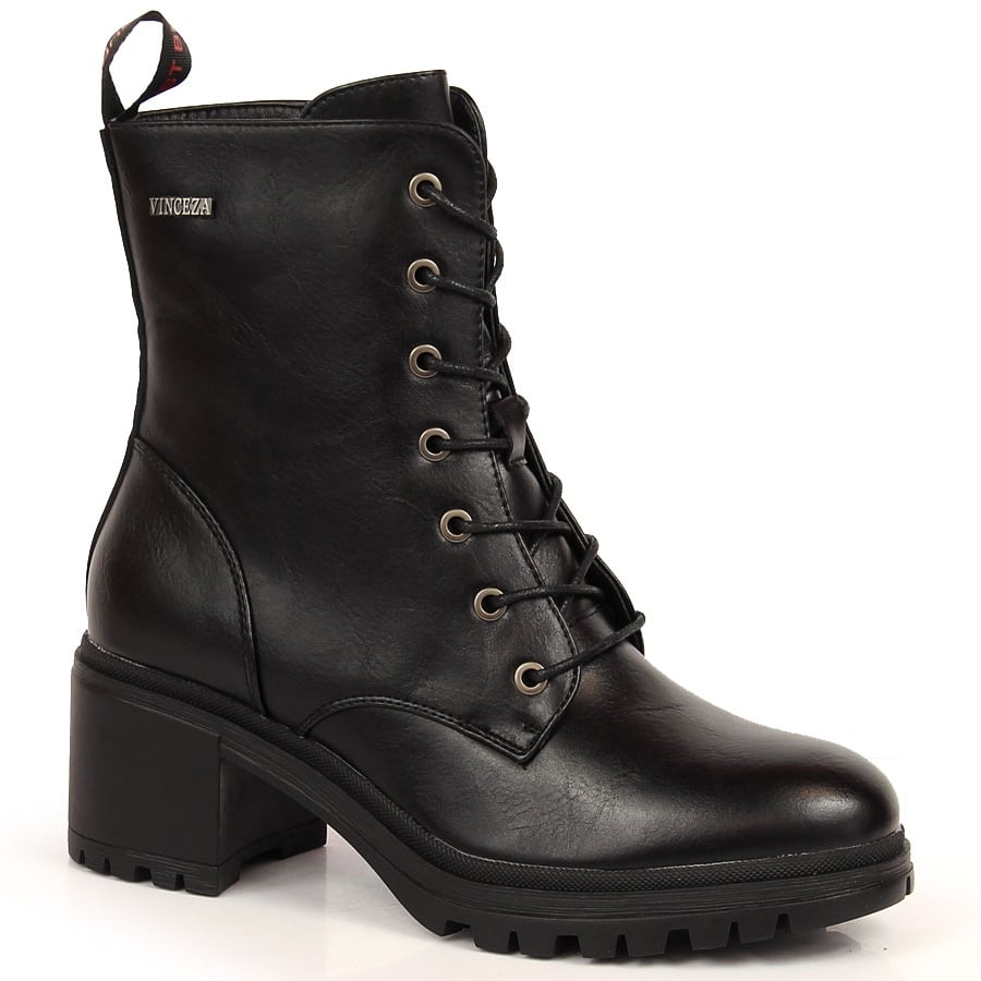 Botki na słupku sznurowane ocieplane czarne Vinceza