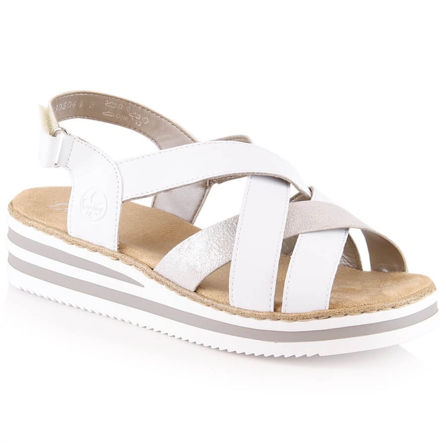 Skórzane komfortowe sandały damskie na koturnie białe Rieker V0279-80