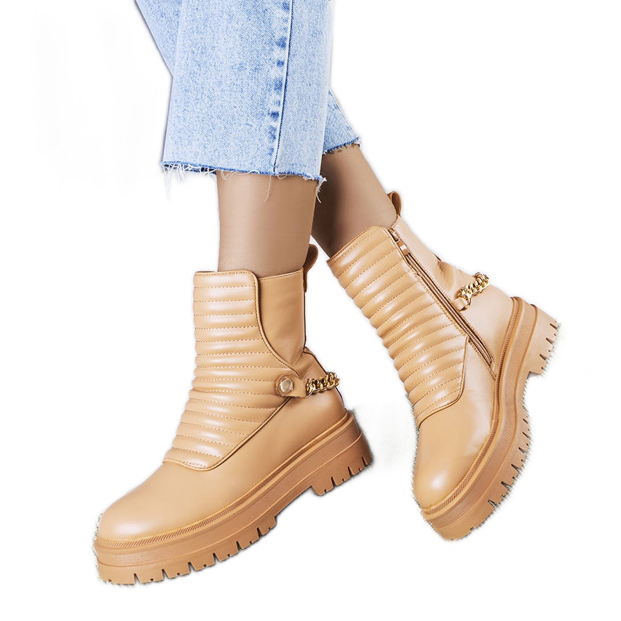 Beżowe ocieplane botki z łańcuchem Pareda beżowy