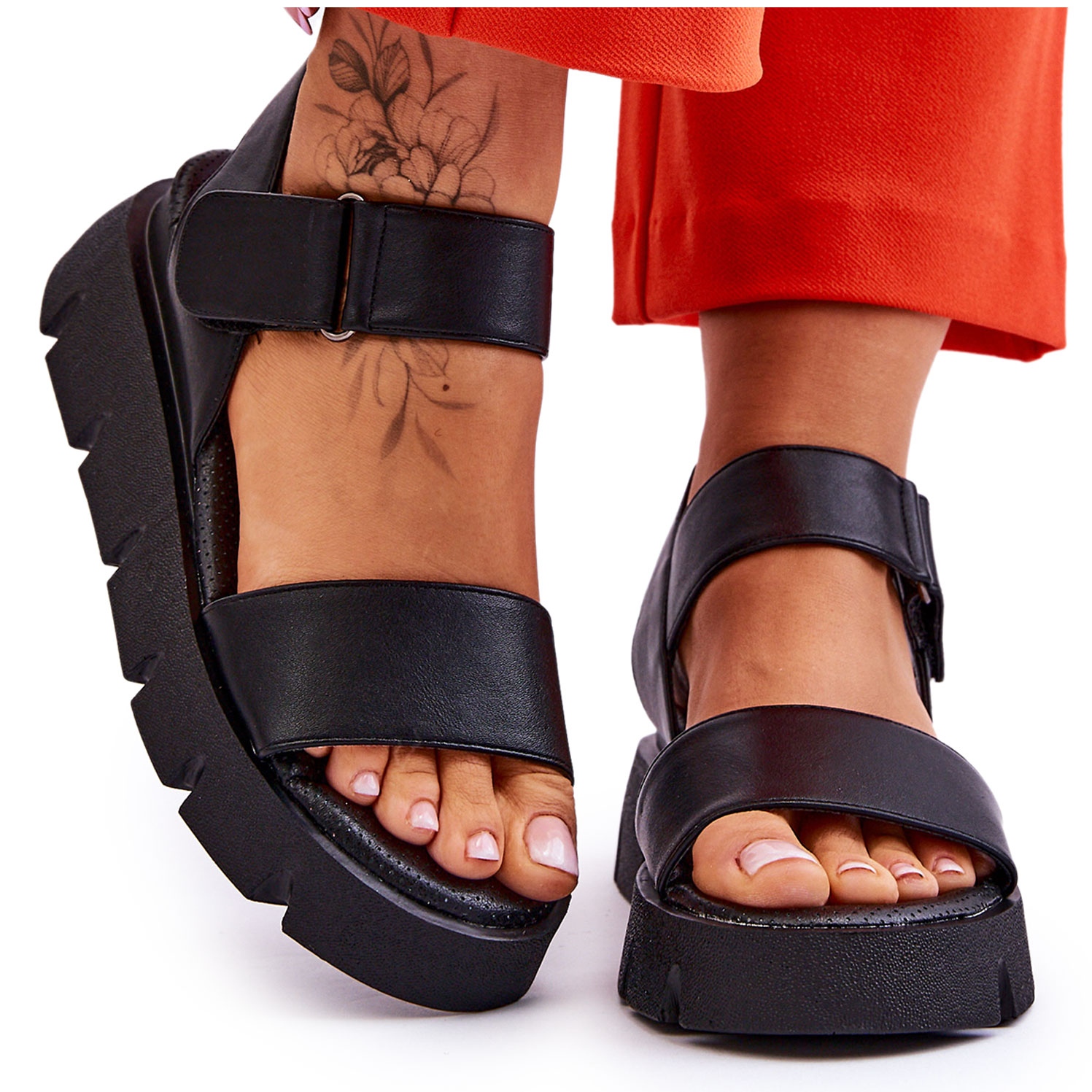 Vinceza Damskie Skórzane Sandały Na Platformie Czarne Katte