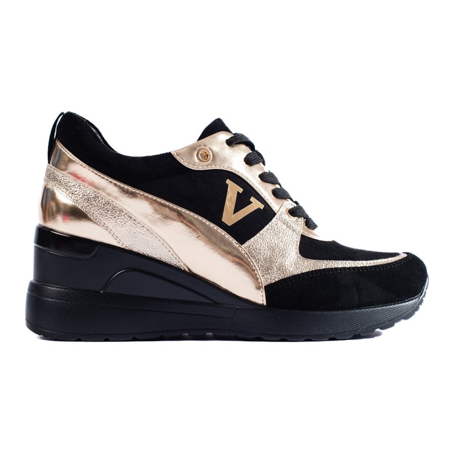 W. Potocki Czarno-złote wiązane sneakersy na koturnie Potocki złoty