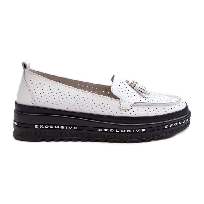 Skórzane Mokasyny Damskie Na Platformie Białe Assetnima