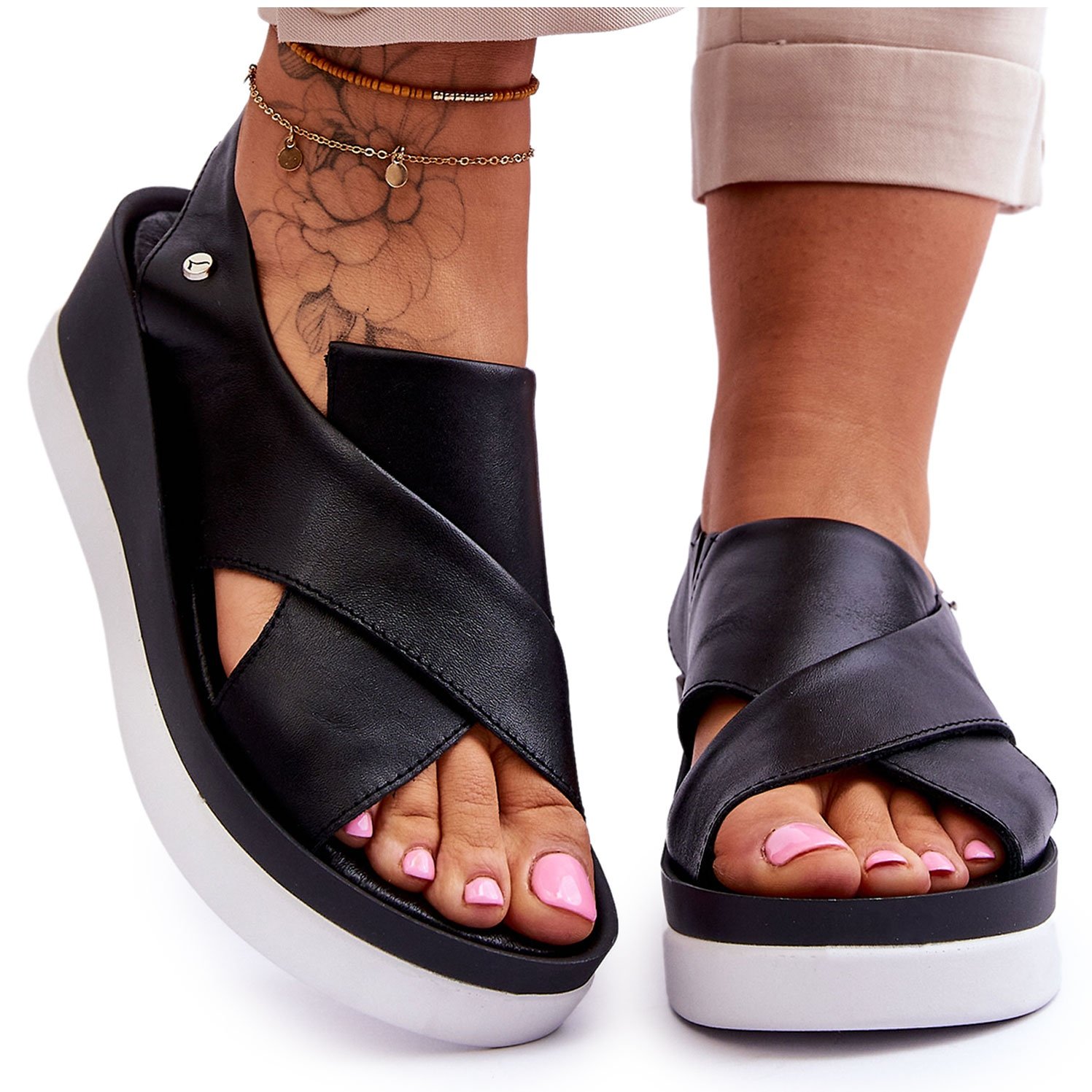 Lemar Skórzane Sandały Na Koturnie Czarne Morgan