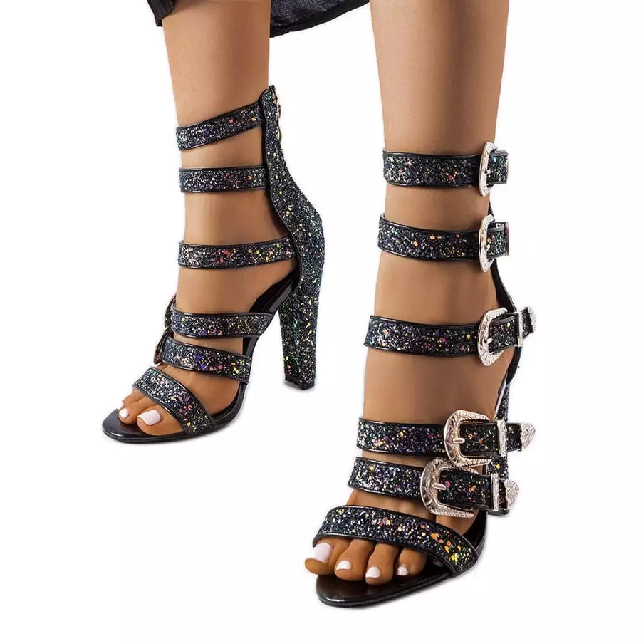 Czarne brokatowe wysokie sandałki Walnut