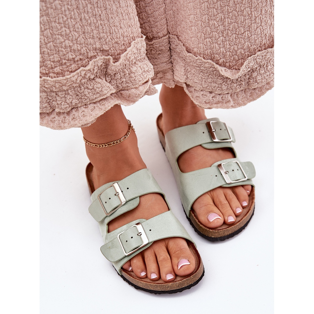 Klapki Damskie Na Korkowej Platformie Klamry Miętowe zielone