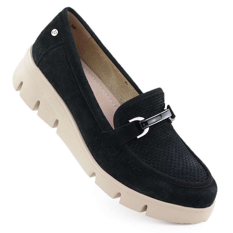 Skórzane półbuty damskie mokasyny na koturnie czarne Filippo 7002