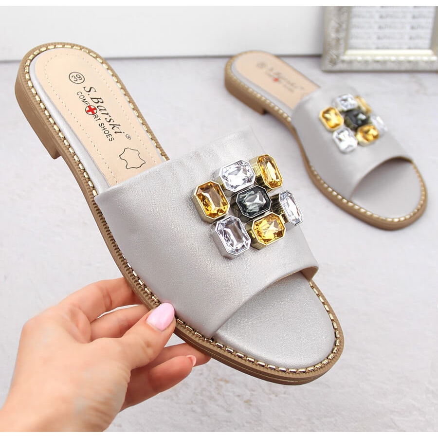 Klapki damskie z cyrkoniami komfortowe srebrne S.Barski 031 srebrny