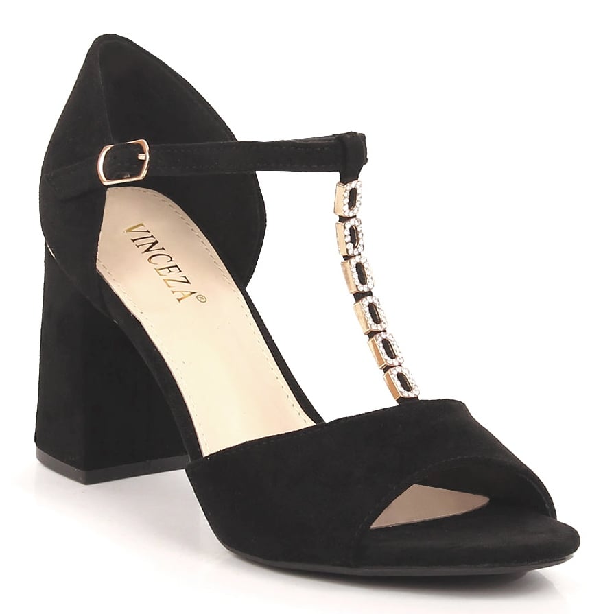 Sandały zamszowe damskie na słupku z cyrkoniami czarne Vinceza 20195