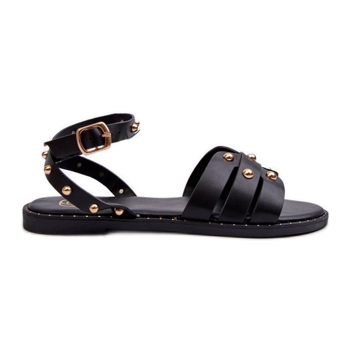 Zdobione Sandały Damskie Na Płaskim Obcasie Czarne Ianaera