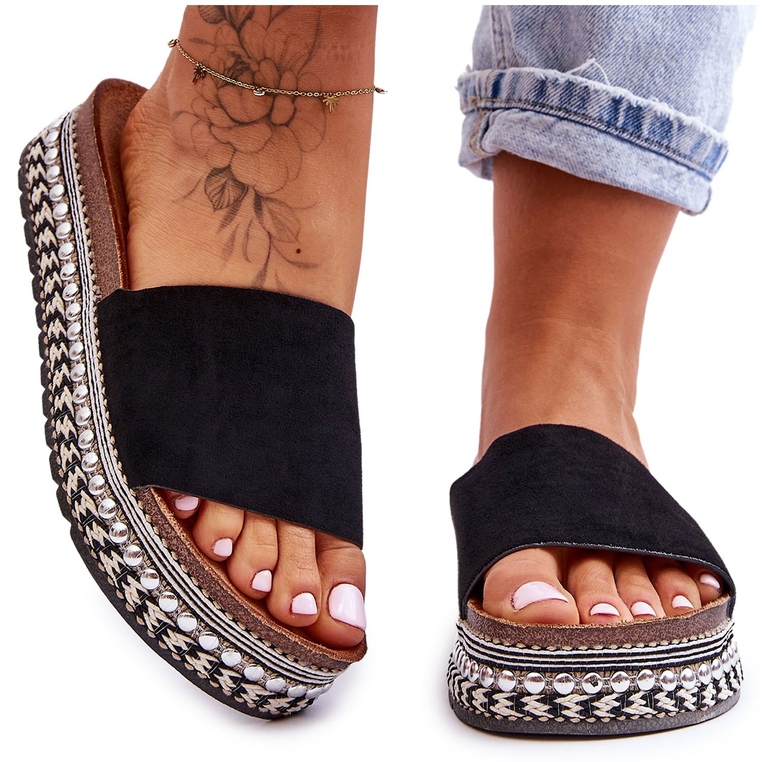 WR1 Damskie Gładkie Zamszowe Klapki Czarne Hayen