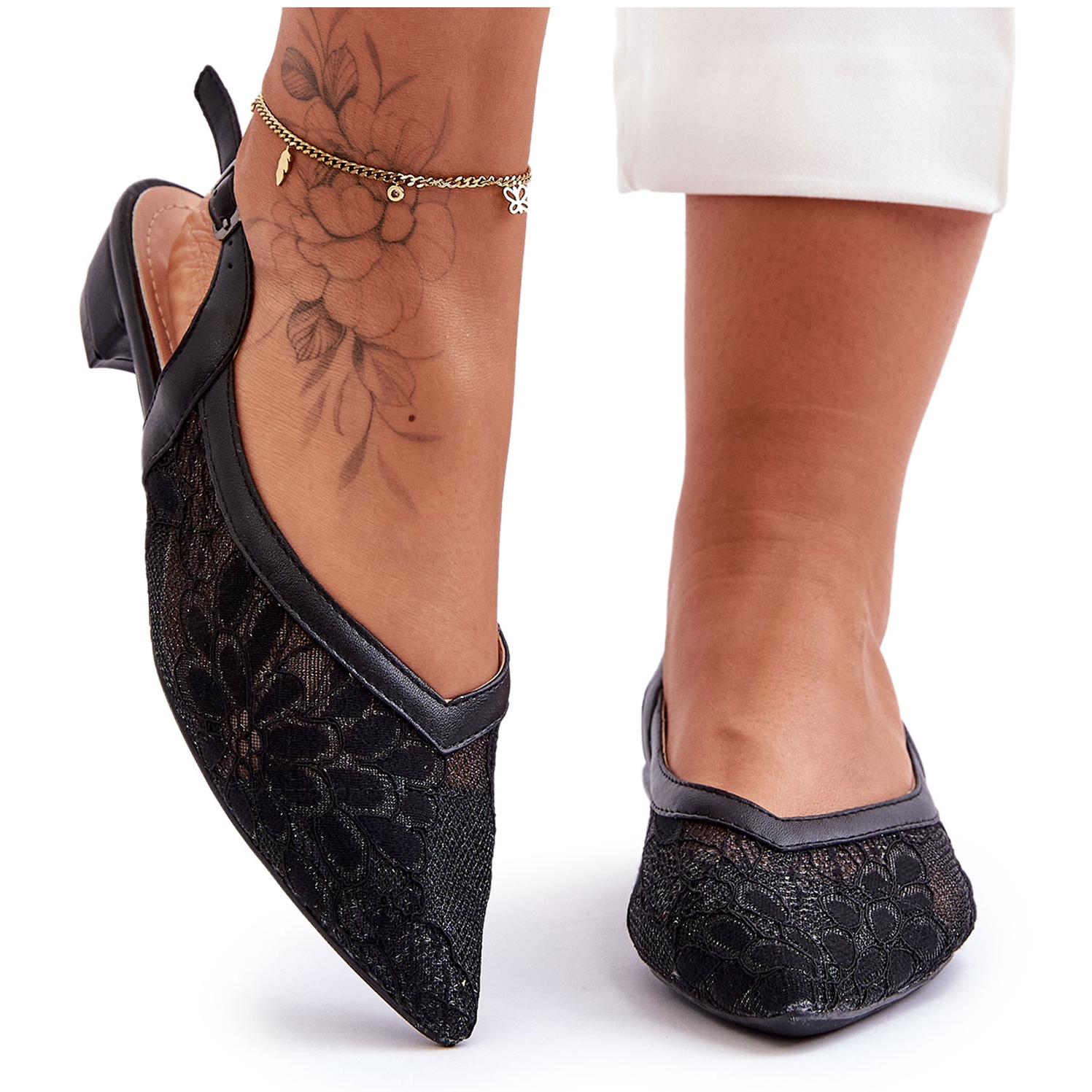 PG1 Damskie Baleriny W Kwiaty Czarne Adore