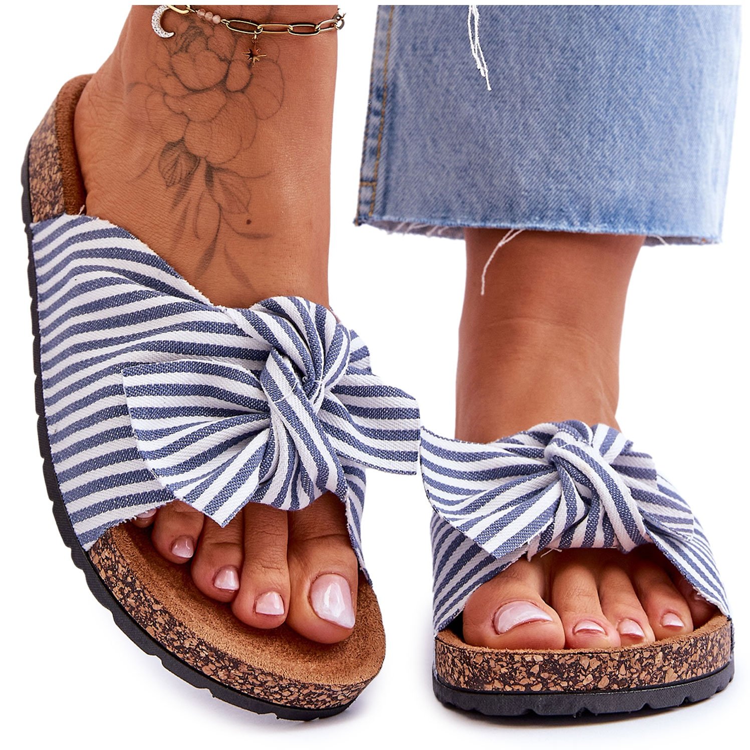 FJ1 Klapki Na Korkowej Platformie W Paski Biało-Niebieskie Festive białe