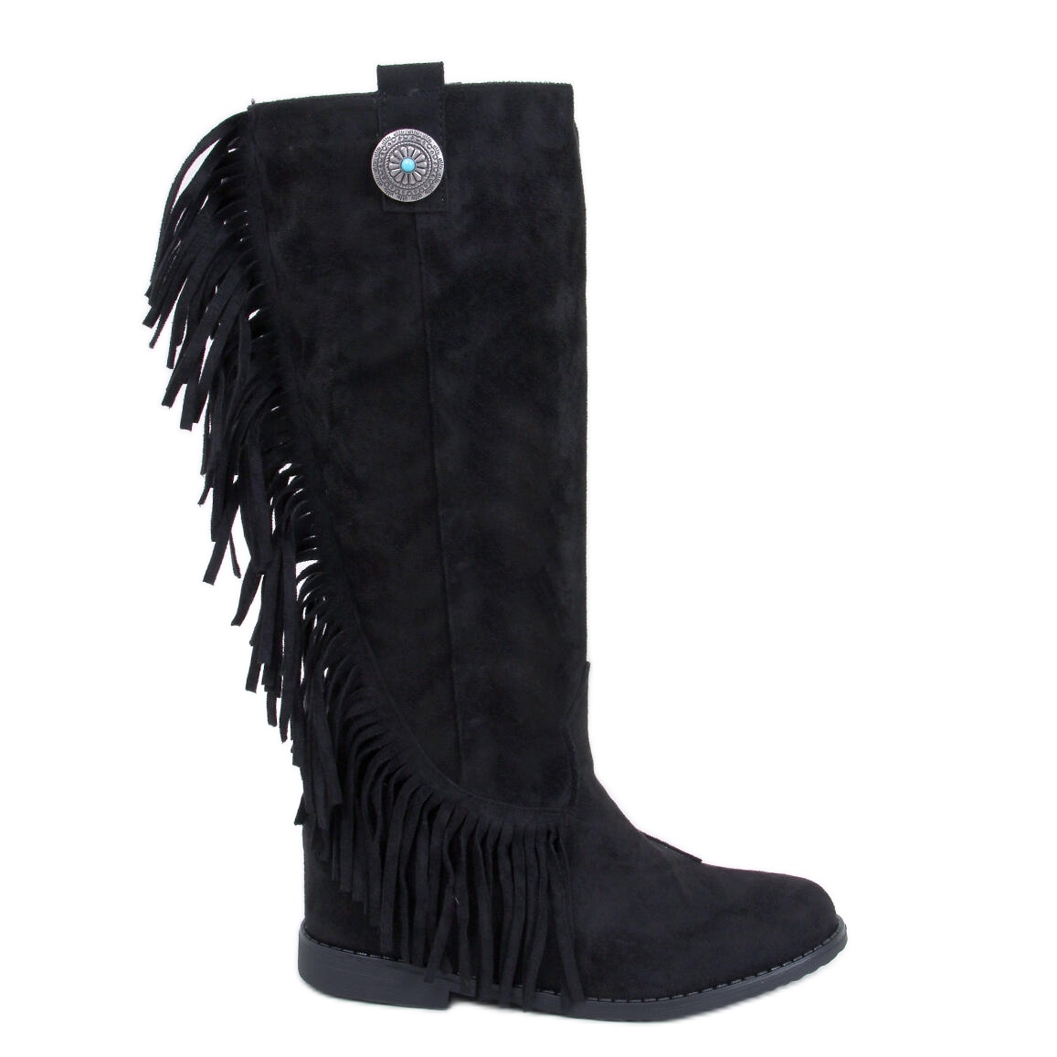 Kozaki na ukrytym koturnie z frędzlami Brien Black czarne