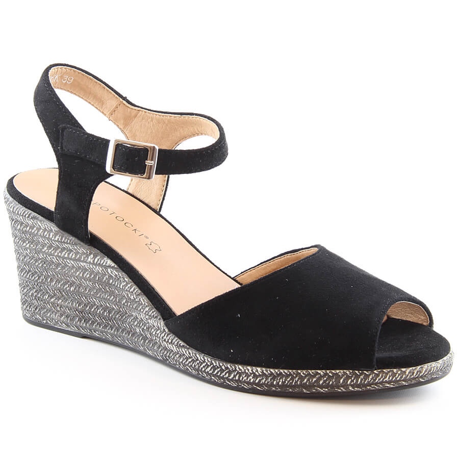 Sandały zamszowe damskie na koturnie czarne Potocki SZ12100