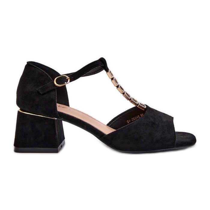 Vinceza Sandały Damskie Na Obcasie Klocku Z Ozdobnym Paskiem Eko Zamszowe Czarne Obivena