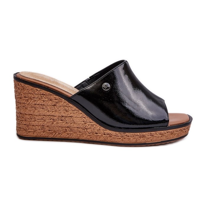 Klapki Damskie Lakierowane Na Koturnie Sergio Leone KL213 Czarne