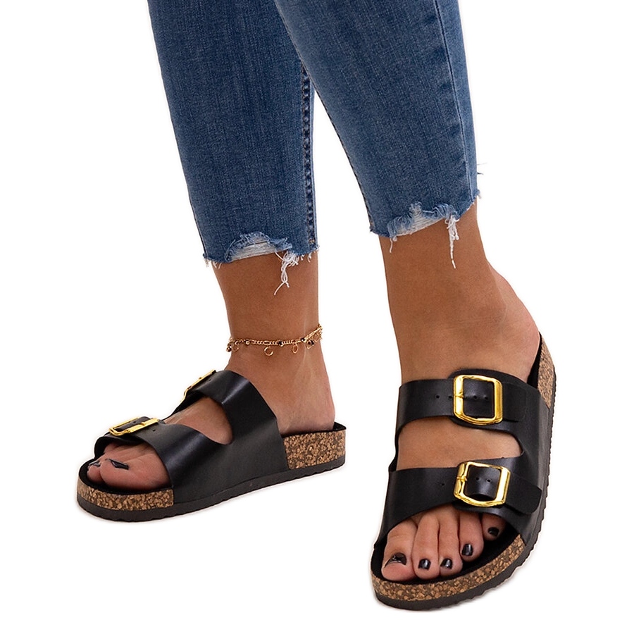 Czarne klapki na korkowej podeszwie Oline