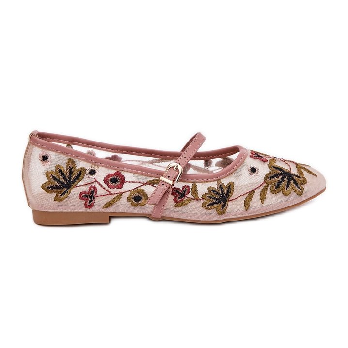 Baleriny Z Haftem I Paskiem Różowe