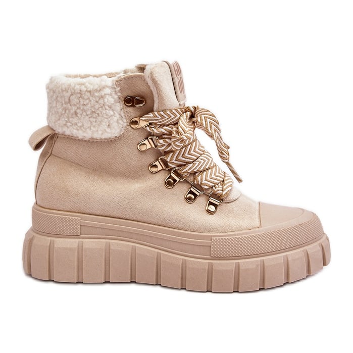 Ocieplane Botki Trapery Na Grubej Podeszwie Jasnobeżowe Ralotta beżowy