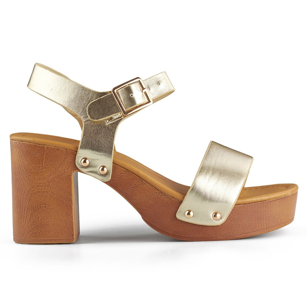 Złote sandały na drewnianym obcasie platformie złoty