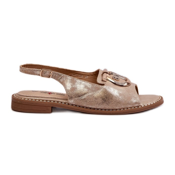 Eleganckie Sandały Damskie Ze Złotą Ozdobą Na Płaskim Obcasie Złote S.Barski KV27-053 złoty