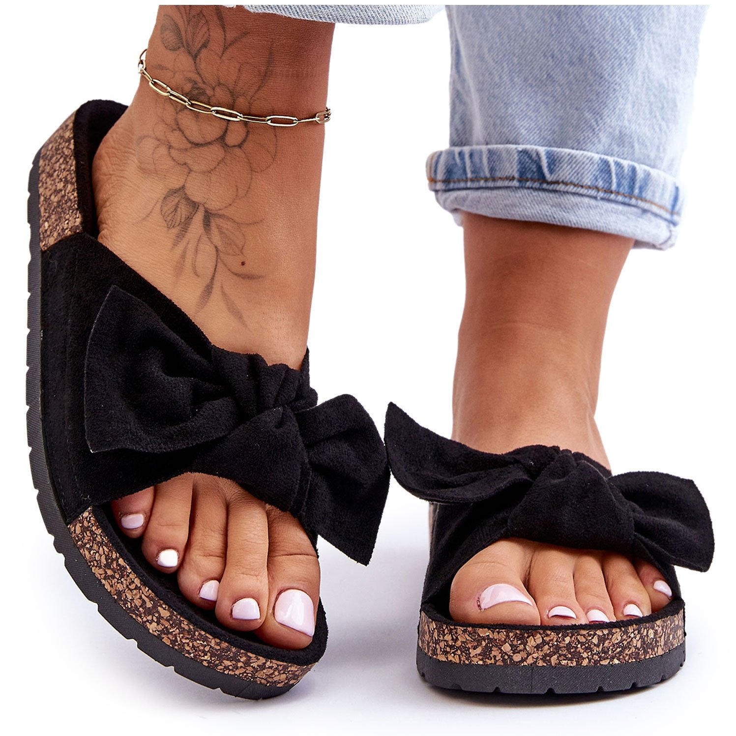 PS1 Damskie Czarne Klapki Na Korku Kokarda Wendy