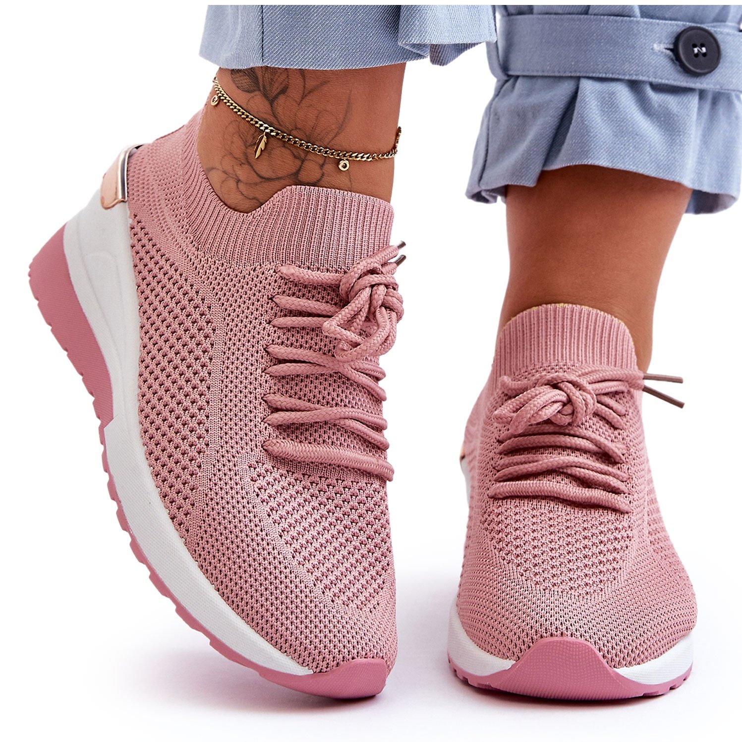 PG1 Materiałowe Wsuwane Buty Sportowe Na Koturnie Różowe Visconti