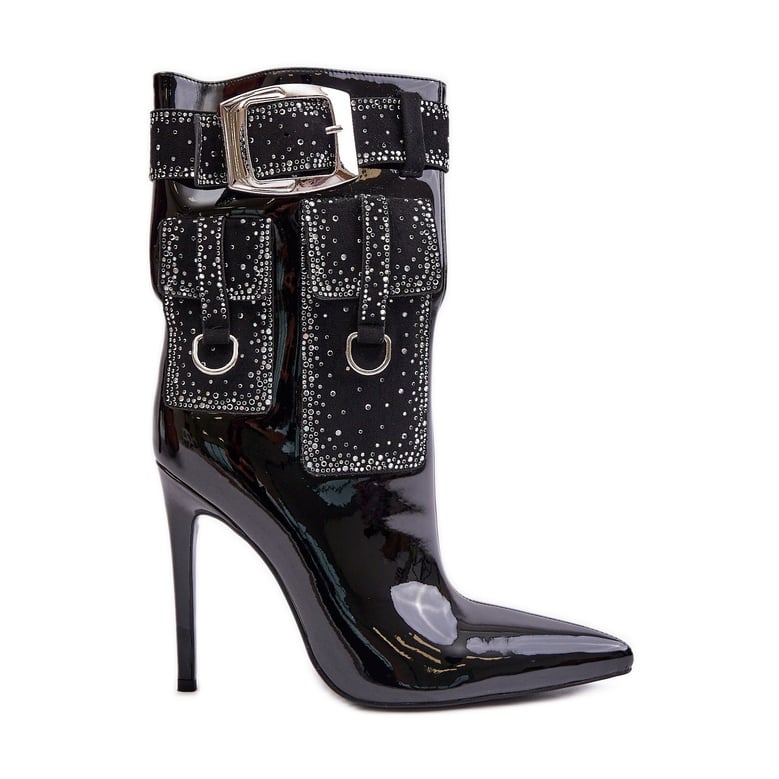 Zdobione Botki Z Lakierowanej Eko Skóry Na Szpilce Czarne