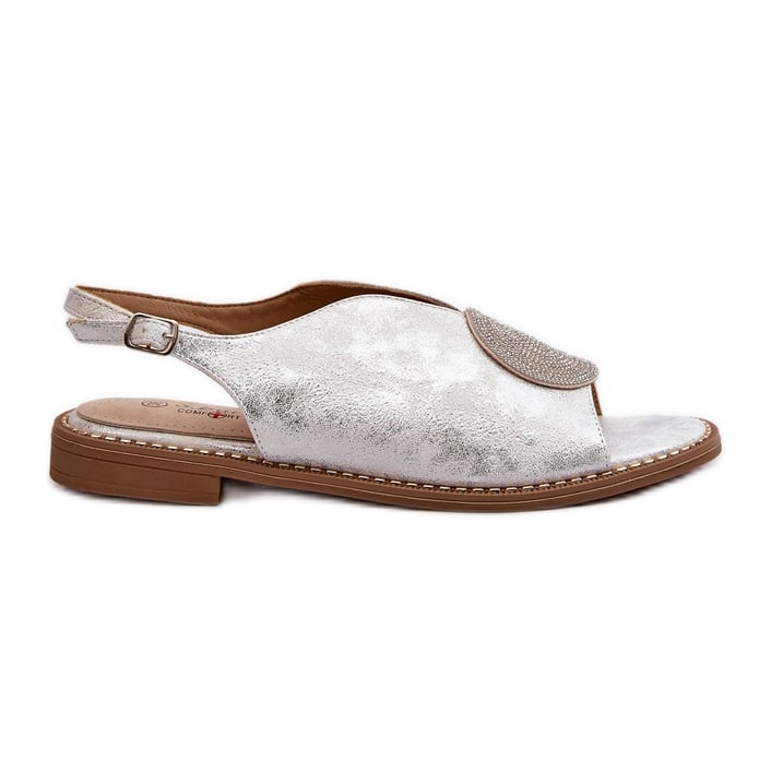 Sandały Damskie Z Ozdobą Na Płaskim Obcasie S.Barski KV24-057 Srebrne srebrny