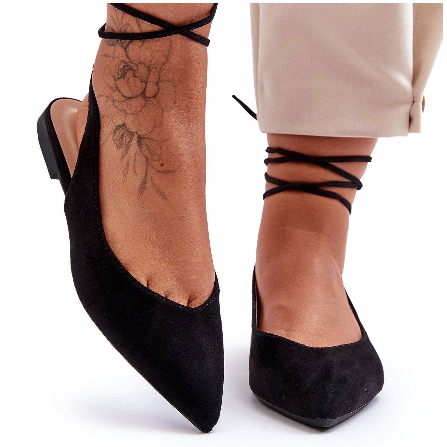 PG1 Damskie Zamszowe Wiązane Baleriny Czarne Lilly Ann